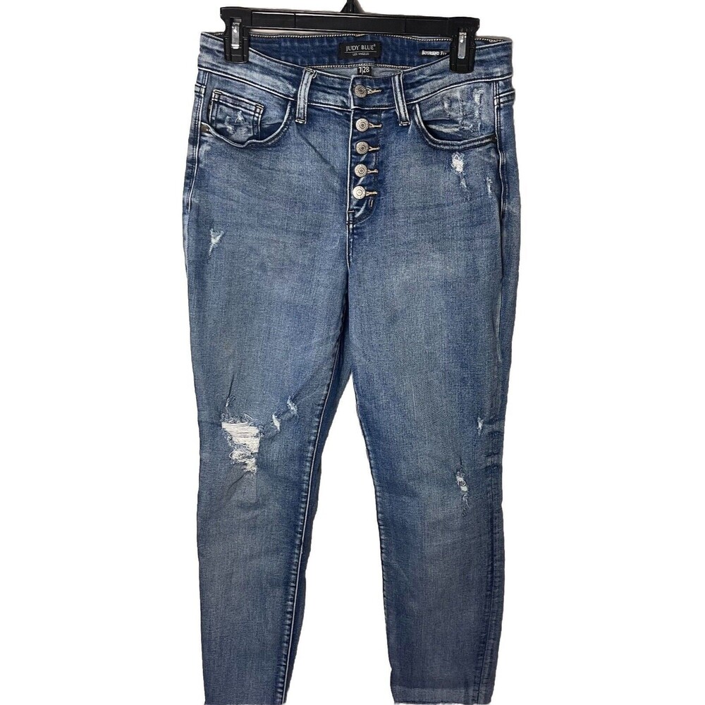 Judy Blue High Waist Boyfriend Fit Button Fly Distressed Jeans Size 7/28 Raw